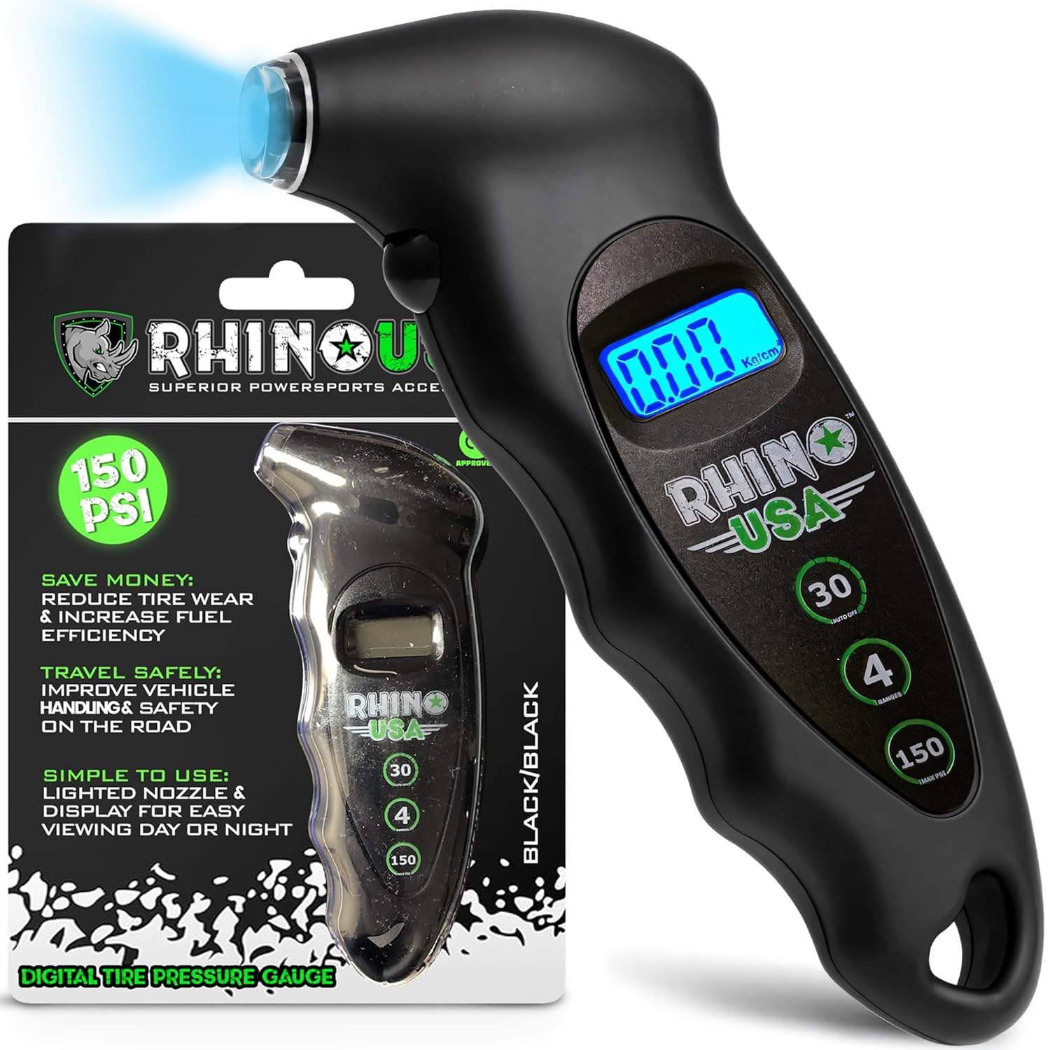 Accesorios para Overlanding Rhino USA Medidor digital de presión de neumáticos 150 PSI
