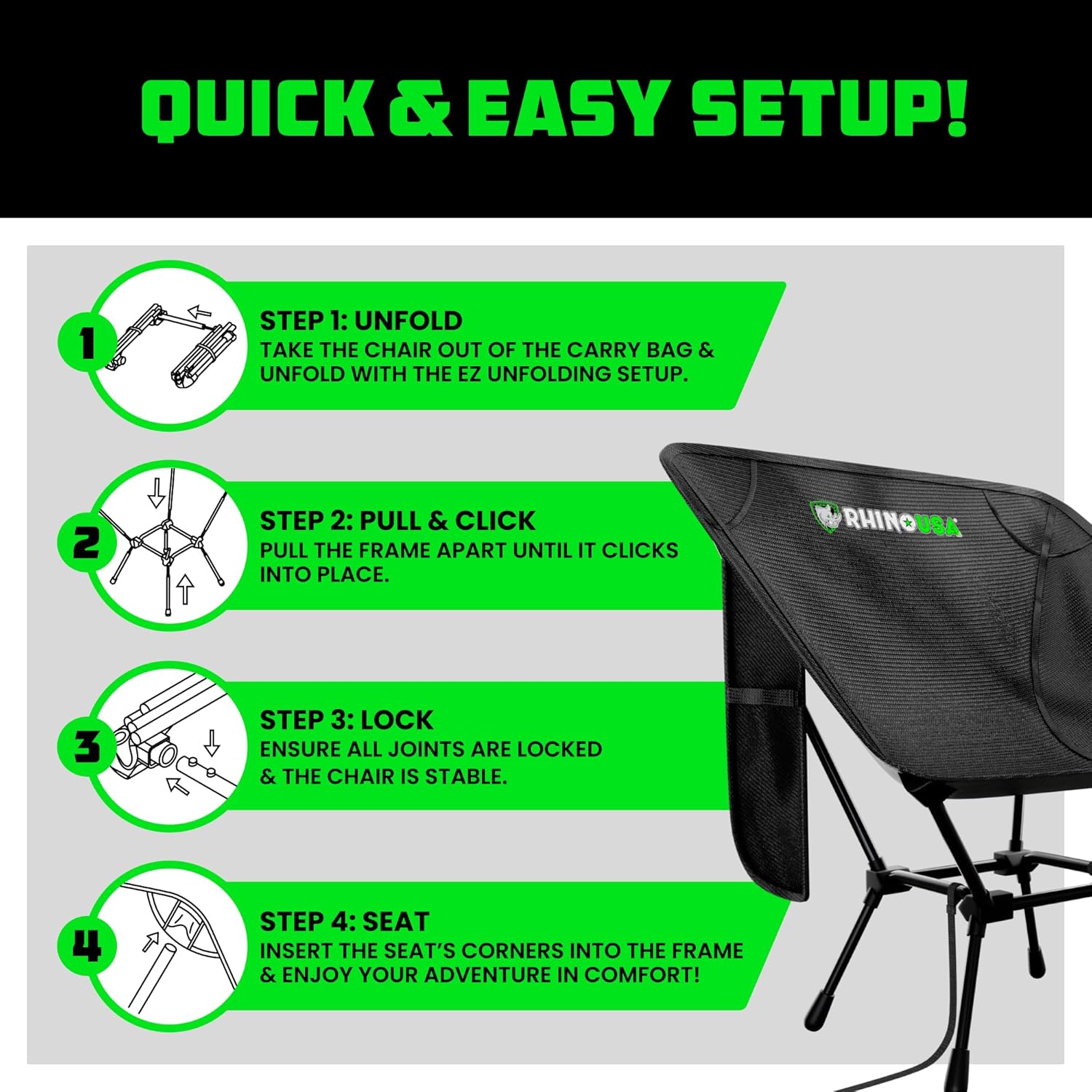 Accesorios Para Camping Rhino USA Silla de camping portátil (capacidad de 400 libras)