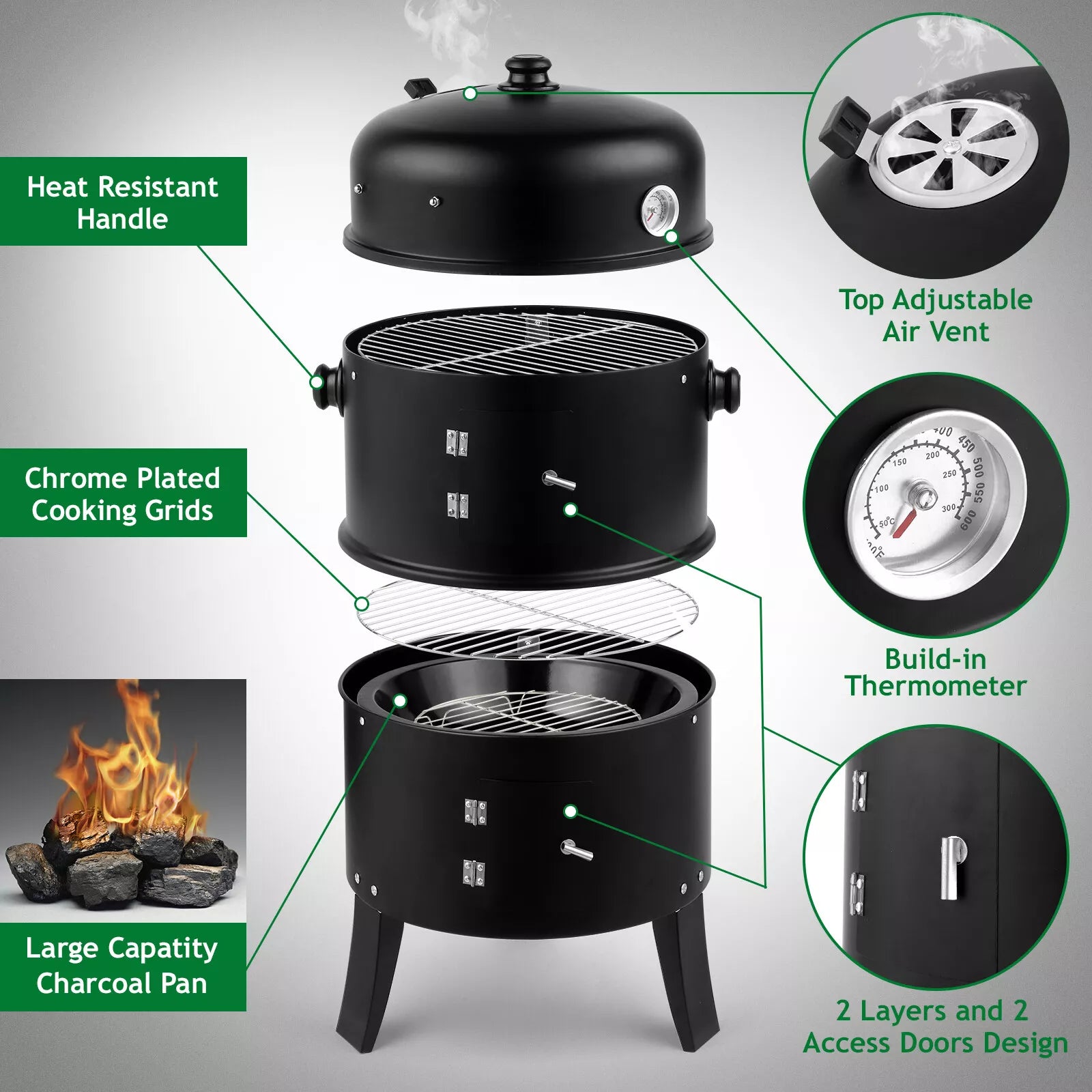 Parilleras Charcoal Smoker BBQ Grill 3en1