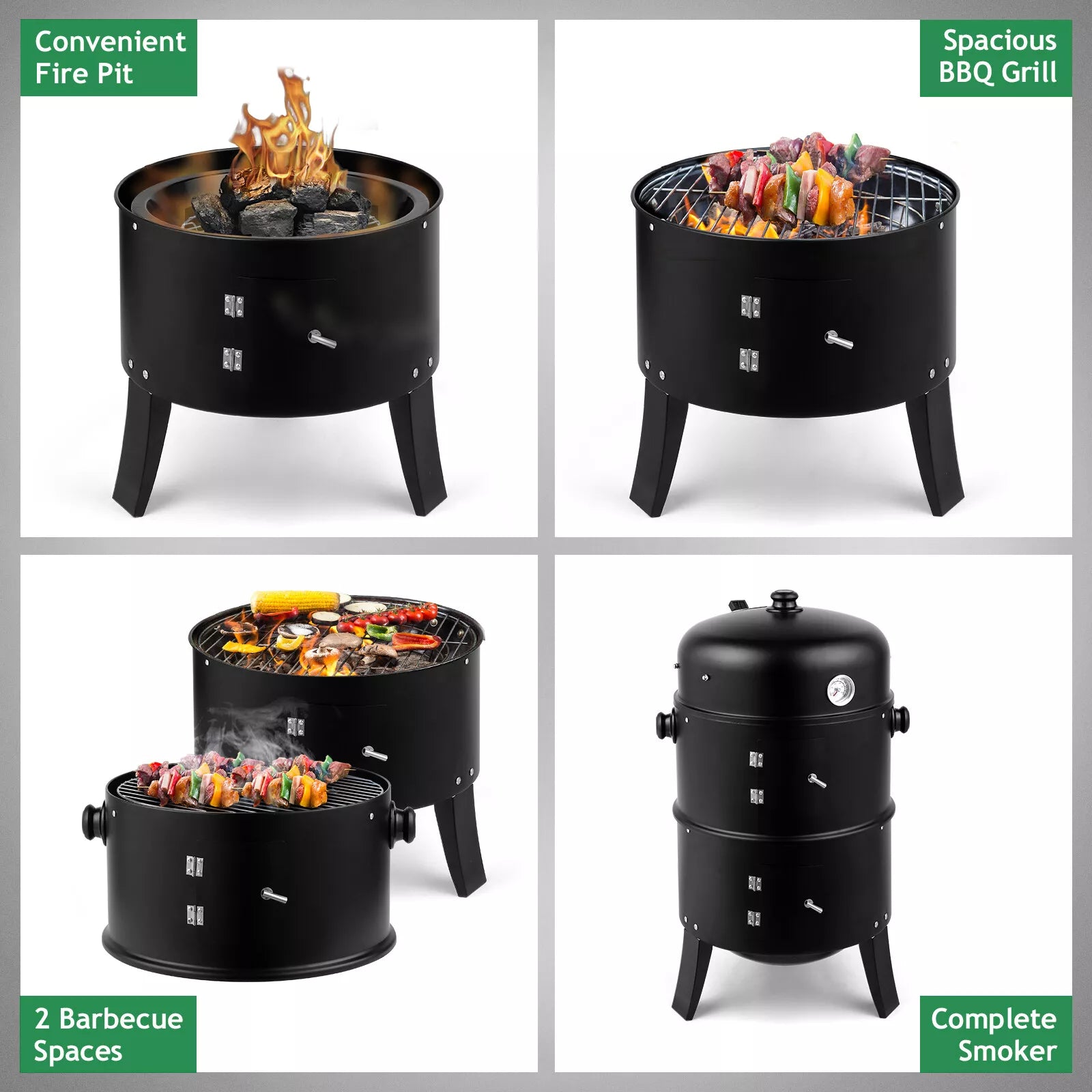 Parilleras Charcoal Smoker BBQ Grill 3en1